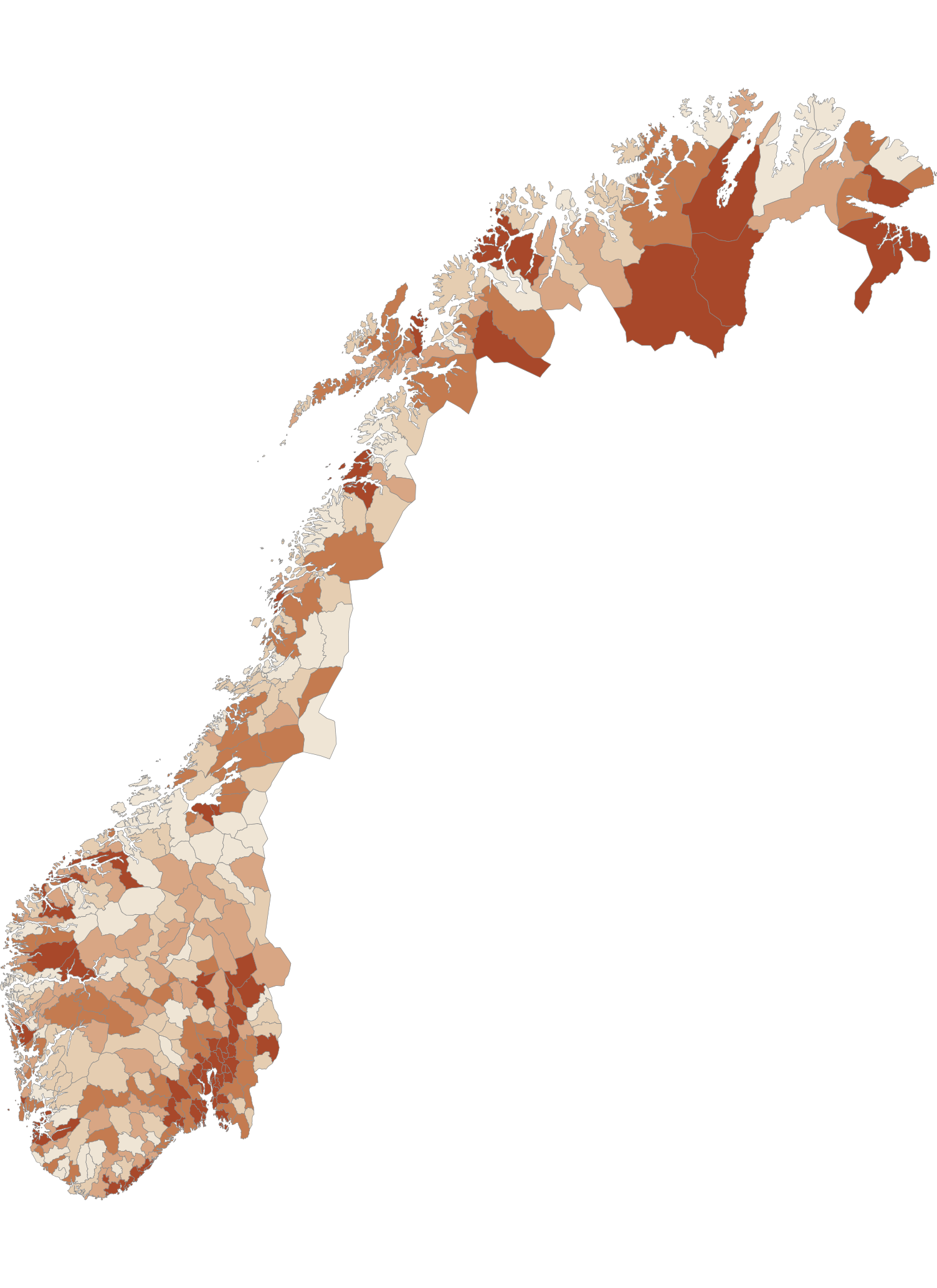 Kart over Norge som viser andel oppgaver KI kan erstatte, fordelt på kommuner.